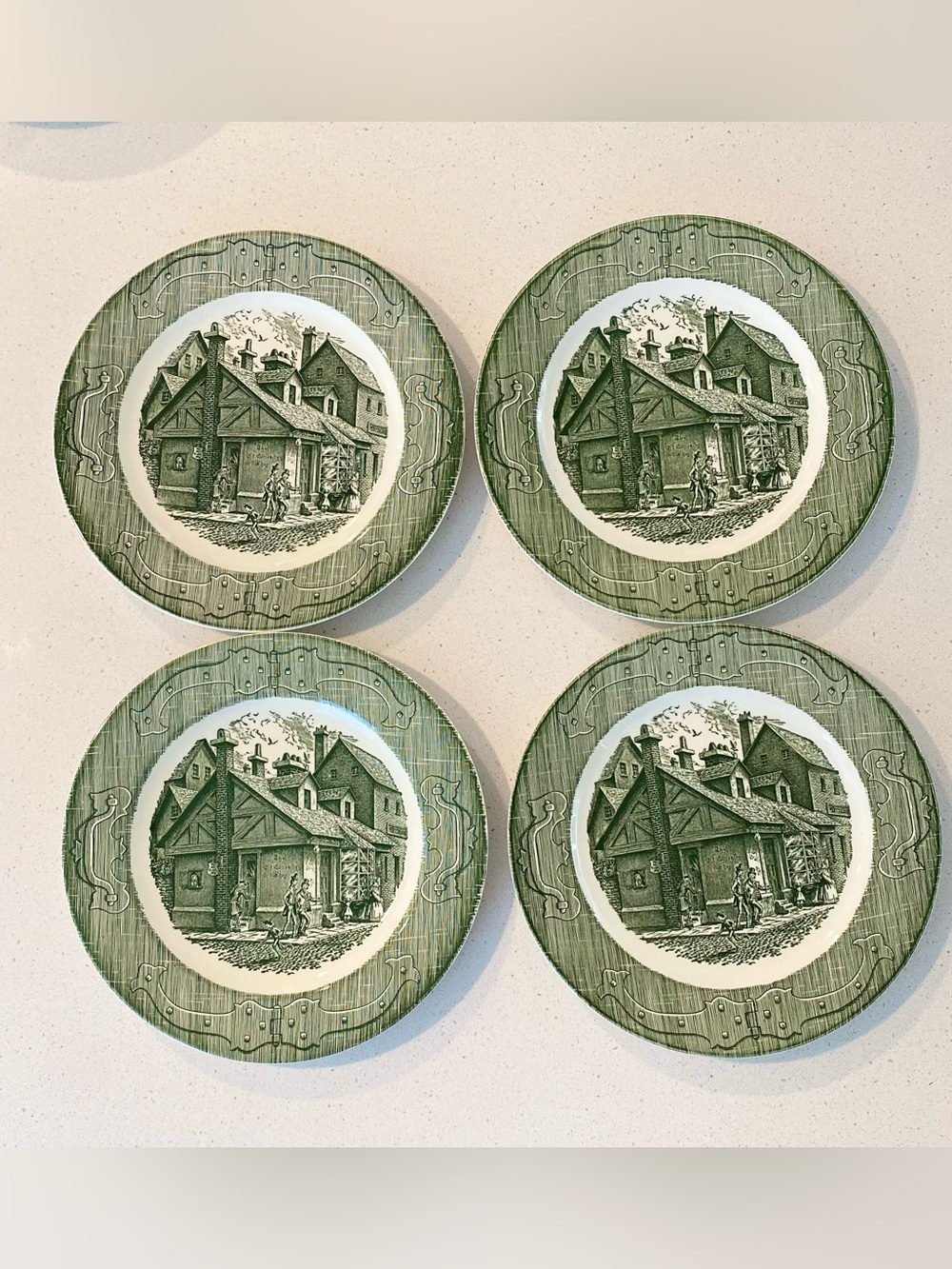 Vintage The Old Curiosity Shop green transferware 10" plates, set 4